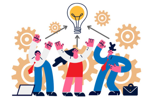 Workplace, workers with lightbulb graphic